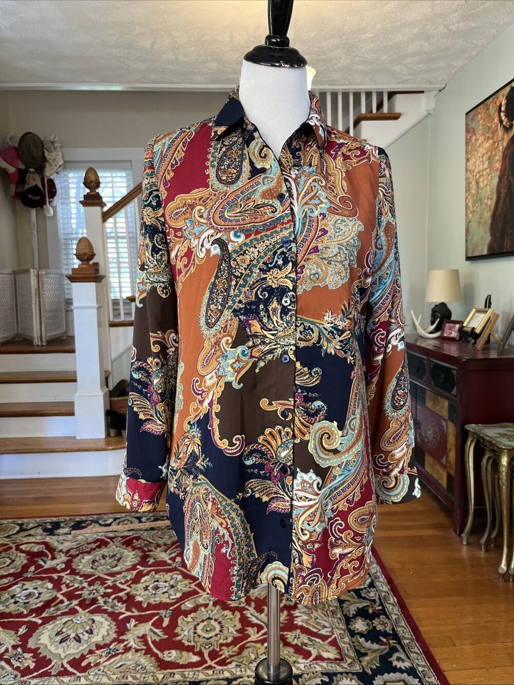 CHICOS Sz 0 4/6 Reversible Button Up Shirt Paisley Blue Gold Classic Collar